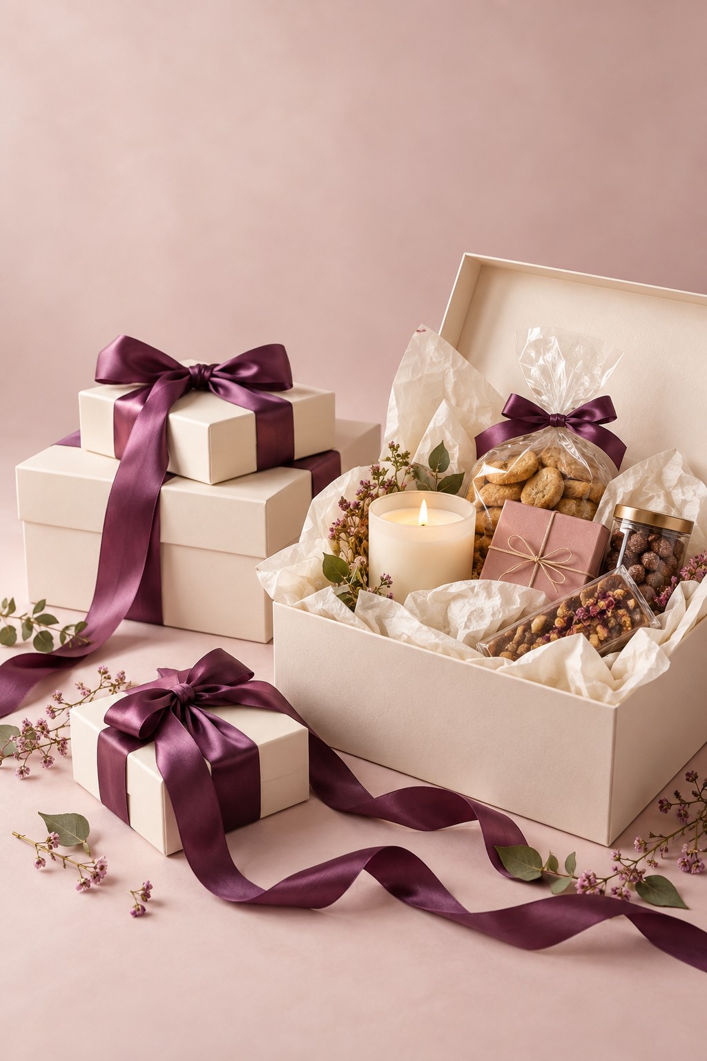 Gift boxes tied with plum ribbon beside a thoughtfully arranged hamper